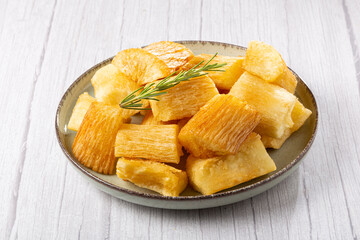 Fried cassava. Cassava, traditional Brazilian food.
