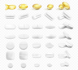 Medical pills and capsules set, isolated on a transparent background. Realistic 3d vector icons. Vitamins and antibiotics capsule, shiny golden yellow fish oil tablets - obrazy, fototapety, plakaty