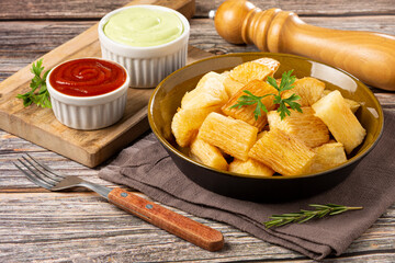 Fried cassava. Cassava, traditional Brazilian food.