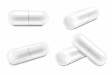White Medical Pills or Capsules icon set closeup, isolated on transparent background. Design Template of Pills, Capsules for Graphics, Mockup. Vector 3d Realistic illustration