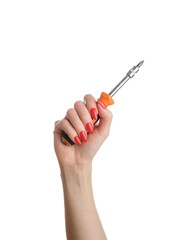 Female hand with a red manicure and a screwdriver on an isolated white background.
