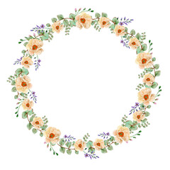 Fototapeta na wymiar Beautiful wreath. Watercolor circle frame. Elegant floral collection with leaves and flowers, hand drawn watercolor. Design for invitation, wedding or greeting cards