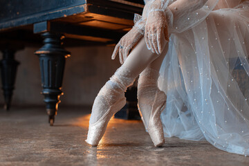 Ballerina's pointe ballet shoes in elegant socks. On her hands she wears elegant gloves. Close up.