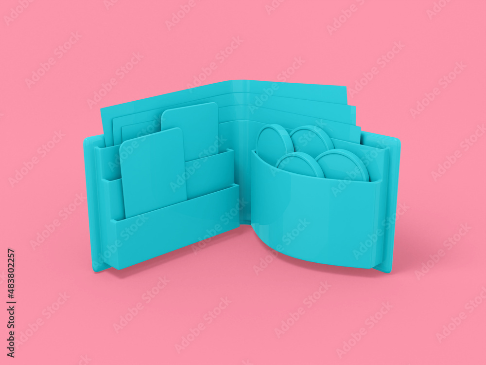 Poster blue single color wallet on a pink monochrome background. minimalistic design object. 3d rendering i