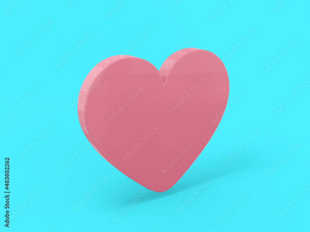 Poster flat pink single color heart on a blue monochrome background. minimalistic design object. 3d renderi