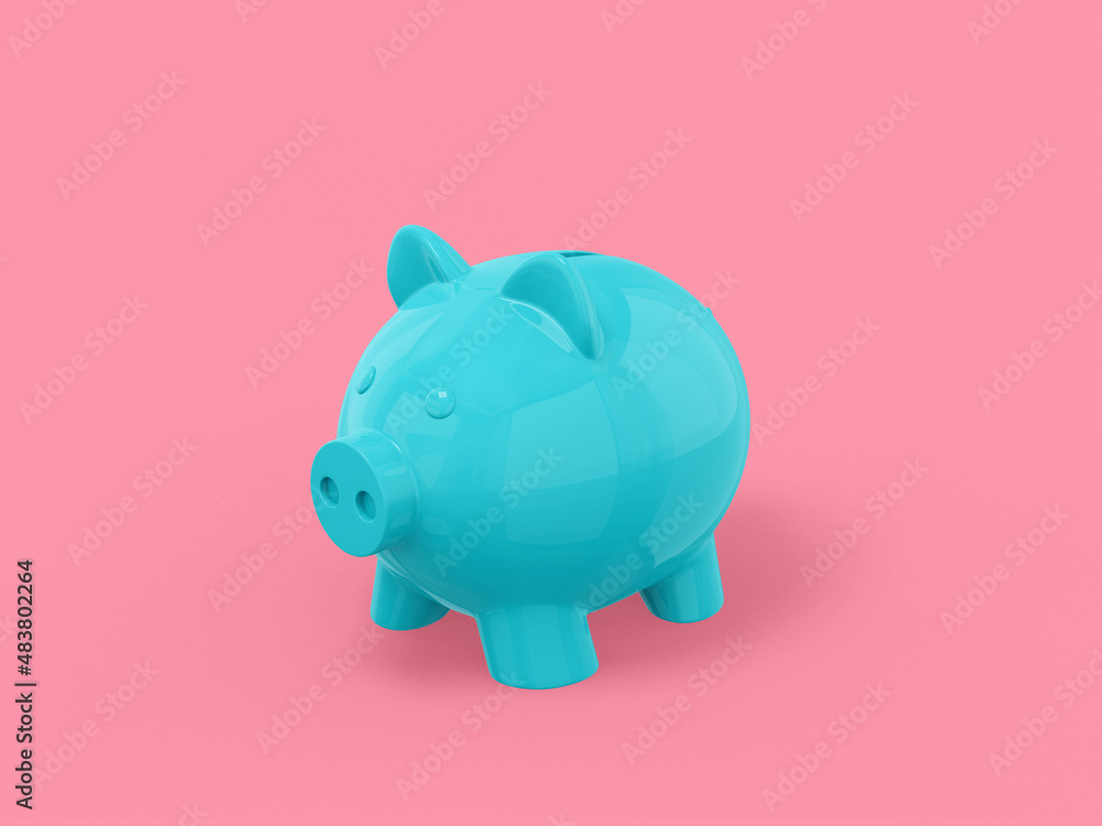 Poster blue one color piggy bank on pink flat background. minimalistic design object. 3d rendering icon ui 