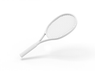 White mono color tennis racket on a white solid background. Minimalistic design object. 3d rendering icon ui ux interface element.