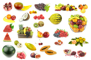 Various fruits isolated on white background.