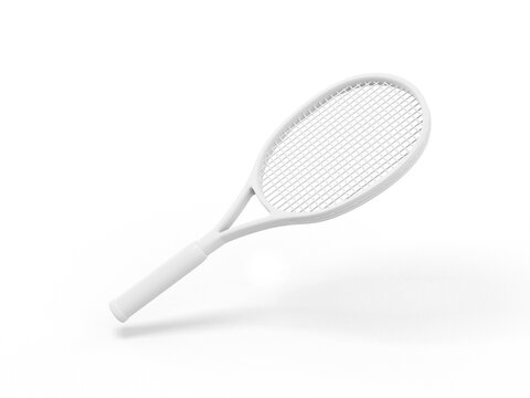 White mono color tennis racket on a white solid background. Minimalistic design object. 3d rendering icon ui ux interface element.