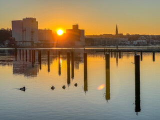 pier at sunrise in the port of Flensburg, Schleswig Holstein, Northern Germany
