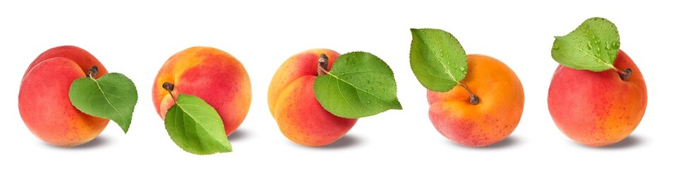 A set with Fresh raw sweet Apricot with green leaves isolated on white background.