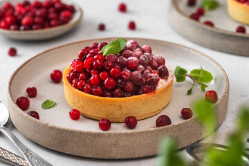Fresh berry tarts with cowberry, powdered sugar and mint in a plate on white table. Tasty dessert