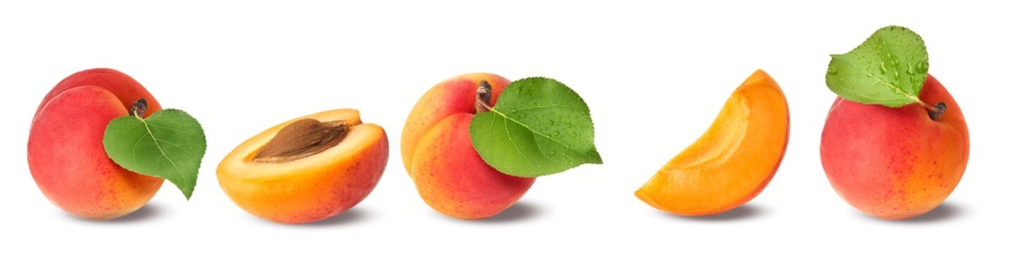 A set with Fresh raw sweet Apricot with green leaves isolated on white background.