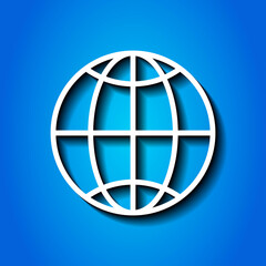 Globe, planet simple icon. Flat desing. White icon with shadow on blue background.ai