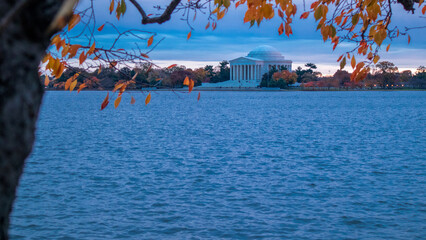 Dusk views of the Jefferson Memorial during fall in Washington, DC