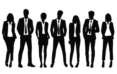 Vector silhouettes of  men and a women, a group of standing  business people, black and white color isolated on white background