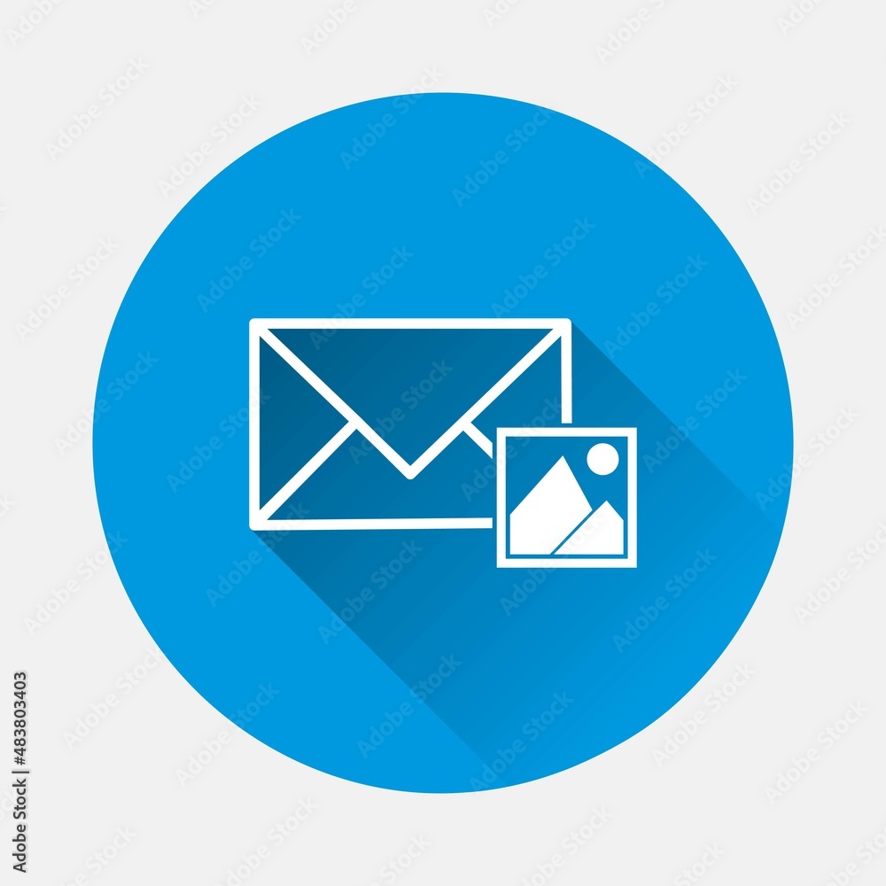 Poster vector icon envelope and landscape image icon on blue background. flat image with long shadow. layer