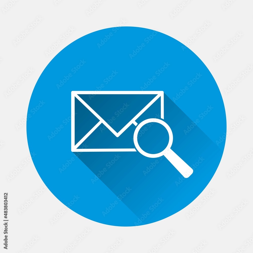Aufkleber vector icon of envelope and magnifier, magnifying glass on blue background. flat image with long sha