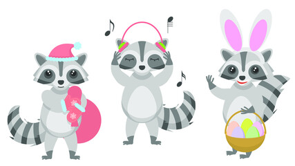 Set Abstract Collection Flat Cartoon Different Animal Raccoons With A Bag Of Gifts, Listening To Music On Headphones, In Bunny Ears With A Basket Of Eggs Vector Design Style Elements Fauna Wildlife
