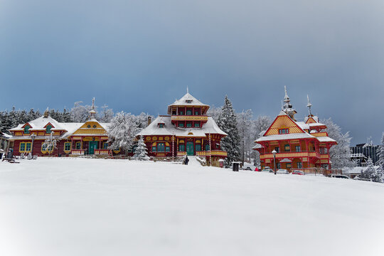 Landscape from Beskydy mountains, typical Wallachian wood chapel architecture in Pustevny near Radhost, Moravia Czech republic during snowy winter time, cold and white snow