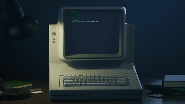Old personal computer or PC with source code running on screen, display. Dynamic noise, glitch effects. Table lamp light blinking. Retro style composition. Vintage 70s, 80s monitor 3D Render animation