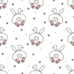Seamless vector pattern with cute hand drawn bunnies. Kawaii texture. Funny animal vector background for kids room decor, nursery art, print, fabric, wallpaper, wrapping paper, textile, gift, card.