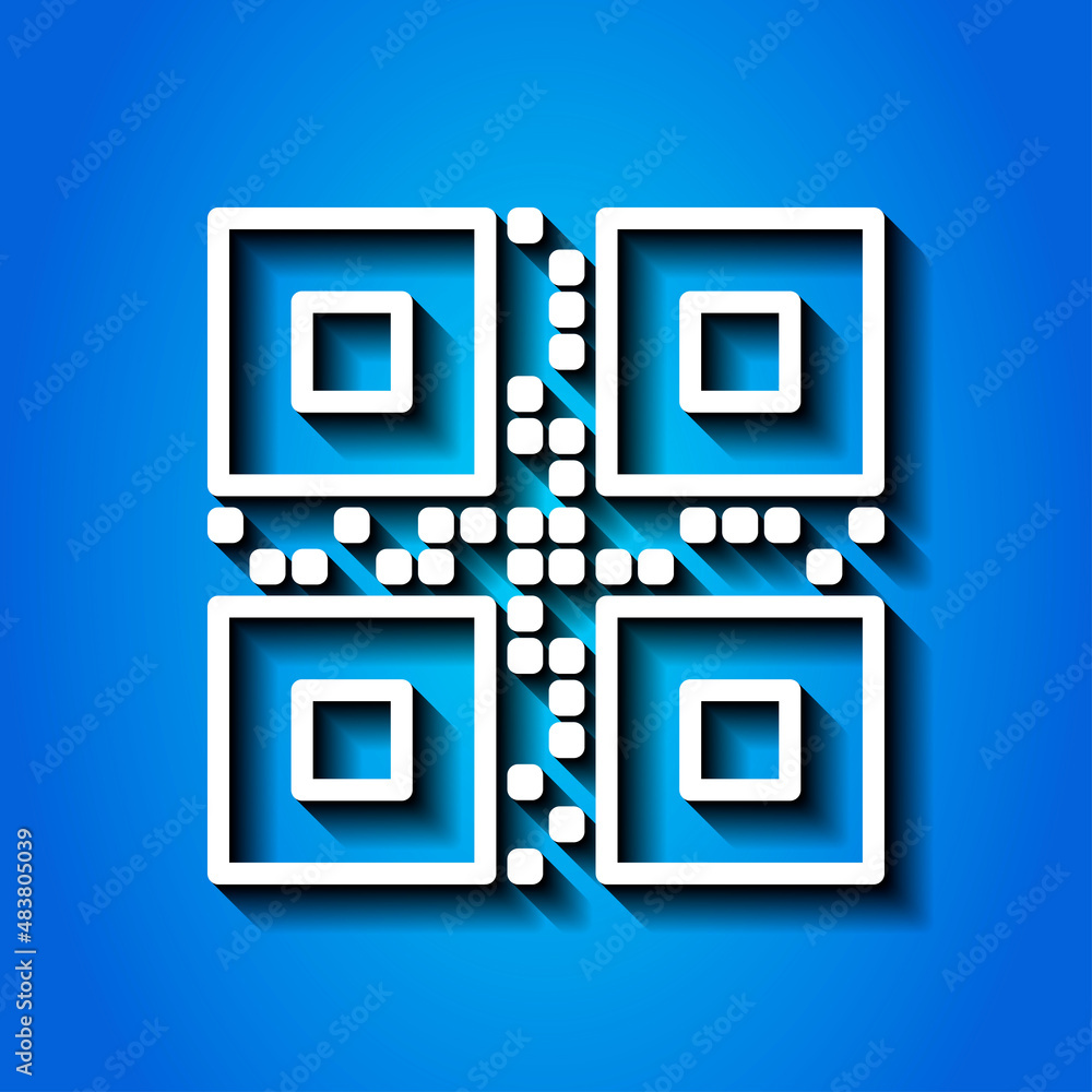 Poster qr code simple icon. flat desing. white icon with shadow on blue background.ai