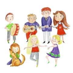 Illustration with children, characters. Funny characters isolate on white.