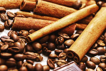 Roasted coffee beans and cinnamon bark strips