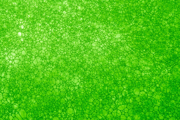 Light Green Background Closeup of Oil Drops in Water. Abstract Macro Photo of Liquid Surface with Bubbles. Bright Design of Structural Watery Texture