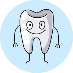 Cartoon cute tooth, vector on a round blue background, logo icon, design element