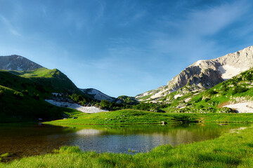 Tent camp on the green flowering shore of a mountain lake surrounded by mountain peaks