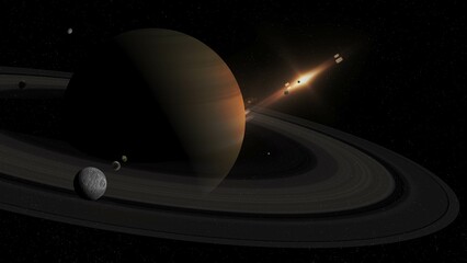 planet saturn in space with important moons 3d illustration © SN