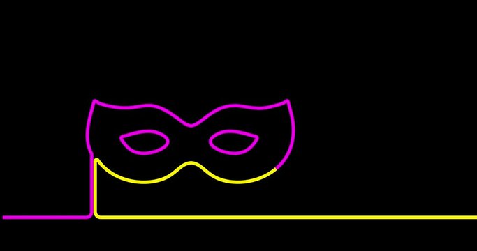 Mardi Gras Fat Tuesday. Animated drawing of line beautiful yellow green purple Carnival mask symbol on black background. Venetian carnival Mardi Gras seamless looped pattern. 4k graphic motion