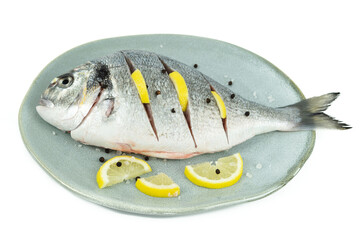 Sparus aurata. Sea bream with lemon on a white background. Raw fish. Top view.
