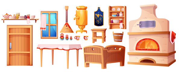 Cartoon old interior elements of the Russian hut. Ancient kitchen with traditional stove, wooden baby cradle, table, samovar set isolated on white background. Ukrainian rural house with window, door.