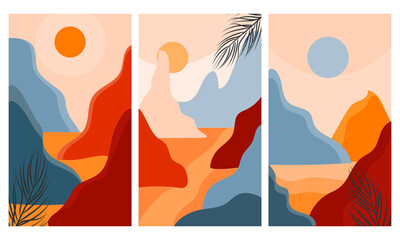 Set of abstract flat illustrations with mountains