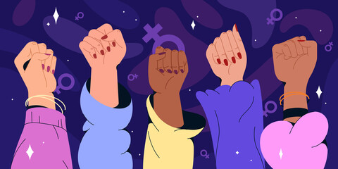 Flat women hands different nationalities with feminism fists raised up. Gender equality, feminist movement, protest or revolution concept. Fist gesture symbol of strength, woman rights or female power - obrazy, fototapety, plakaty