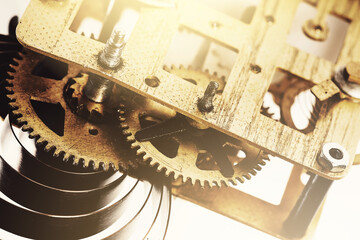 Old brass clock mechanism with gears