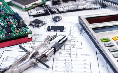 Electronic board, calculator, tweezers and photomask on background of  schematic circuit diagram. Concept for development and design of electronic devices.