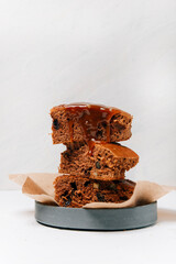 chocolate brownie cake with nuts on white background