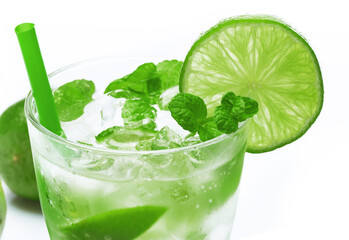 Mojito highball cocktail or refreshing drink with lime and mint