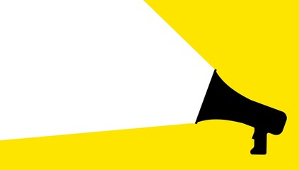 Black megaphone or bullhorn silhouette over yellow background, business announcement or communication concept, flat lay top view from above