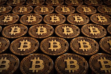 3D rendering of close-up of metal Bitcoin cryptocurrency coins, electronic decentralized money concept, future payment economy market, dark background