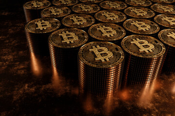 3D rendering of close-up of metal Bitcoin cryptocurrency coins, electronic decentralized money concept, future payment economy market, gold coins