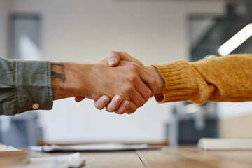 Side view close up of two young men shaking hands at meeting table in office, recruitment and...