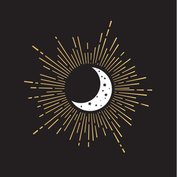 Hand Drawn Half Moon with Sun Illustration. Vector Celestial Logo