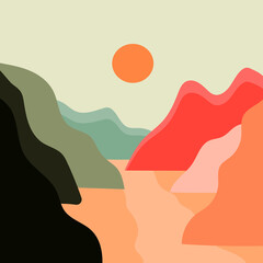Abstract vector illustration of mountains with sun