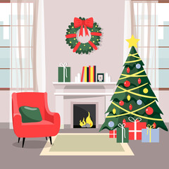 Vector illustration of a modern living room with fireplace and armchairs.