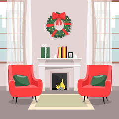 Vector illustration of a modern living room with fireplace and armchairs.